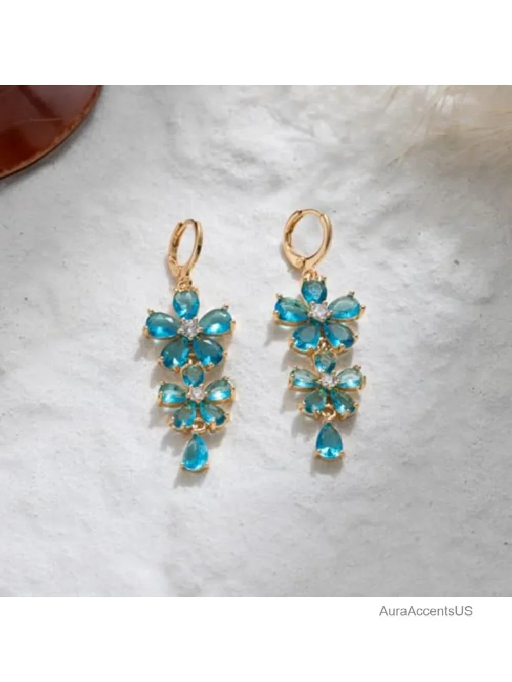 18K Gold Plated Flower Dangle Earrings, Hypoallergenic Cubic Zirconia Drop